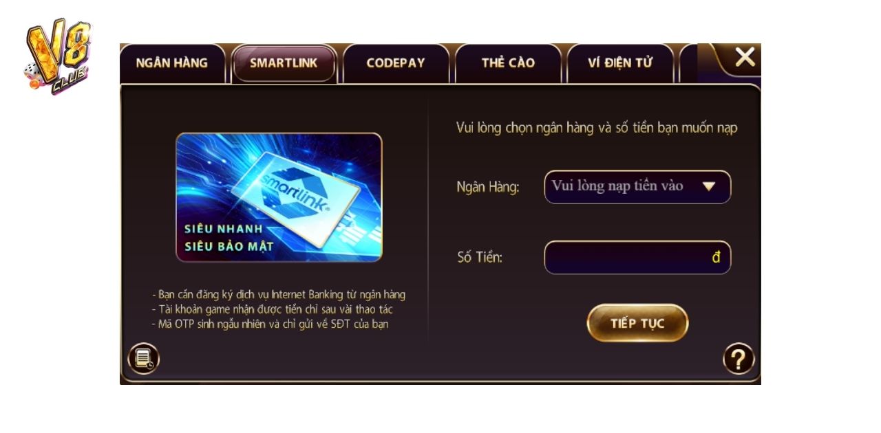 HƯỚNG DẪN CÁCH NẠP TIỀN V8 CLUB CHI TIẾT CHO THÀNH VIÊN 4 KIỂU GỬI TIỀN QUA SMARTLINK
