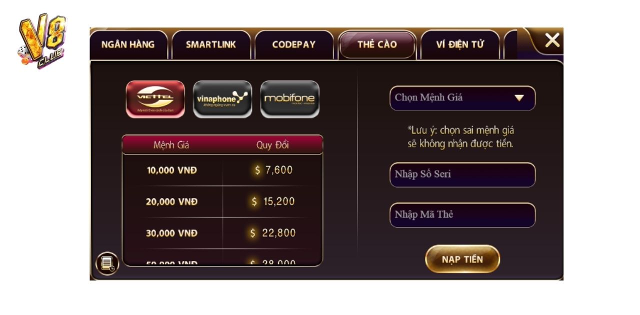 HƯỚNG DẪN CÁCH NẠP TIỀN V8 CLUB CHI TIẾT CHO THÀNH VIÊN 5 PHƯƠNG THỨC GỬI TIỀN QUA THẺ CÀO TẠI V8 CLUB